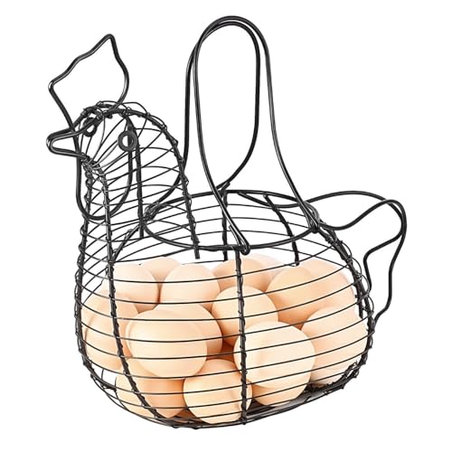 Flexzion Hühner Eierkorb, Eier Aufbewahrungshalter mit Griff, für Eier Obst Gemüse Metalldrahtgeflecht, Hühner & rustikaler Stil, Display-Organizer für Küchentisch, Arbeitsplatte, Bauernhaus, Schwarz