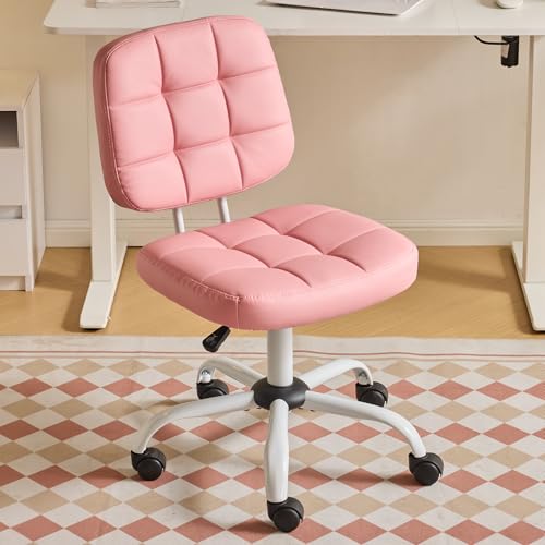 Bonnlo Armless Office Swivel Computer Desk Chair with Wheels Height Adjustable Vanity Chair without Armrest Dressing Table Stool for Small Space Bedroom PU Leather Pink