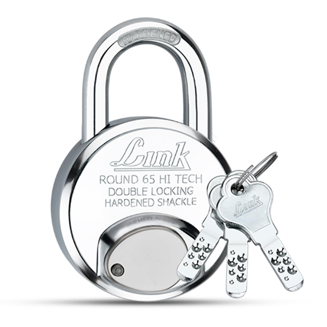 Link Hi-Tech 65mm Round Lock | Stainless Steel Body | Hardened Shackle | 1 Padlock | 3 Iron Keys with Hi-Tech Nickle | 15 Year Warranty