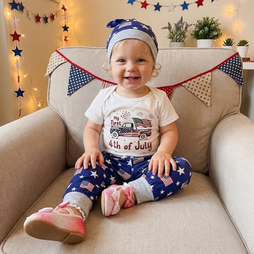 Image of FIOMVA My First 4th of July Outfit Baby Boy Car American Flag Romper Onesie Star Flag Pants Hat Set Fourth of July Clothes