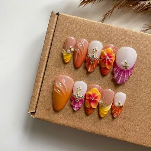 Press On Nails - Medium Almond Handmade Unique French Fake Nails, Orange and Pink Pairing, Thick Acrylic and Muti-Layer Gel Nails, Reusable Gel Cured Sturdier 3D Fake Nails Set (Size S)
