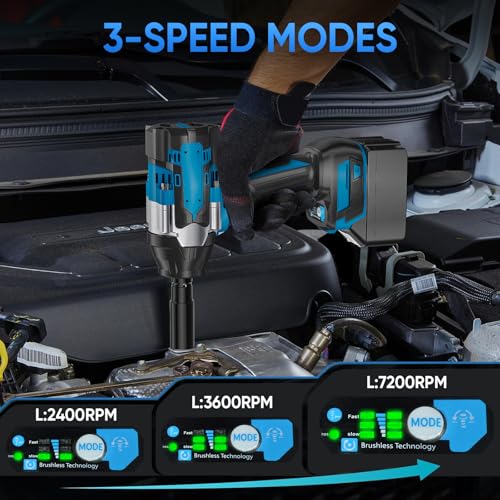 18V Brushless Impact Wrench, 1800N.m High Torque, 7200RPM, 1/2 inch 3-Speed Cordless Impact Gun, Easily Removes Bolts on Cars, Trucks, and Tractors, 1 Battery, 1 Charger and 1 Carry Box, for Car Home - Image 6