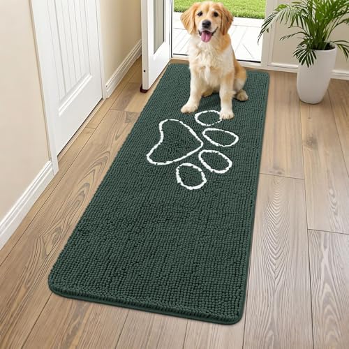 Image of Smiry Dog Door Mat for Muddy Paws, Absorbent Dirt Trapper Non Slip Quick Dry Washable Chenille Mat for Mud Dogs, Entry Rug for Indoor and Outdoor (59x24 Inches, Green and White)