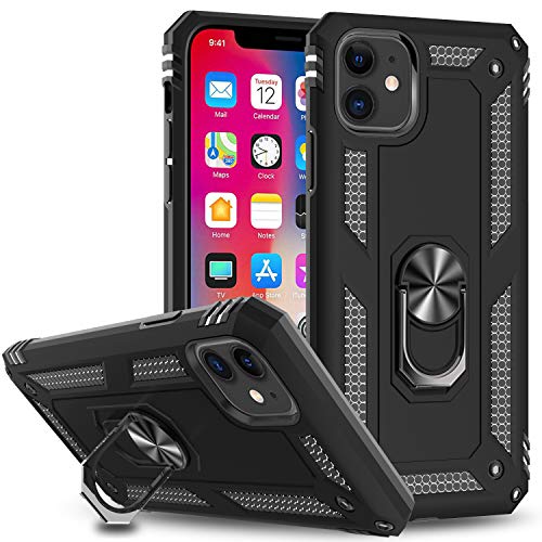 LeYi iPhone 11 Case, Military Grade Armor Phone Cover Case with Ring Magnetic Car Mount Kickstand for iPhone 11 6.1 inch, Black
