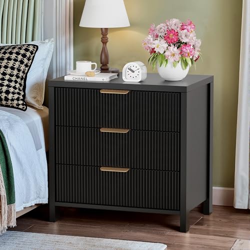 Image of Fluted Nightstand, 23.7'' Wide Night Stand with 3 Drawers, Mid-Century Modern Bedside Table with Handles, Wood End Table for Bedroom, Black
