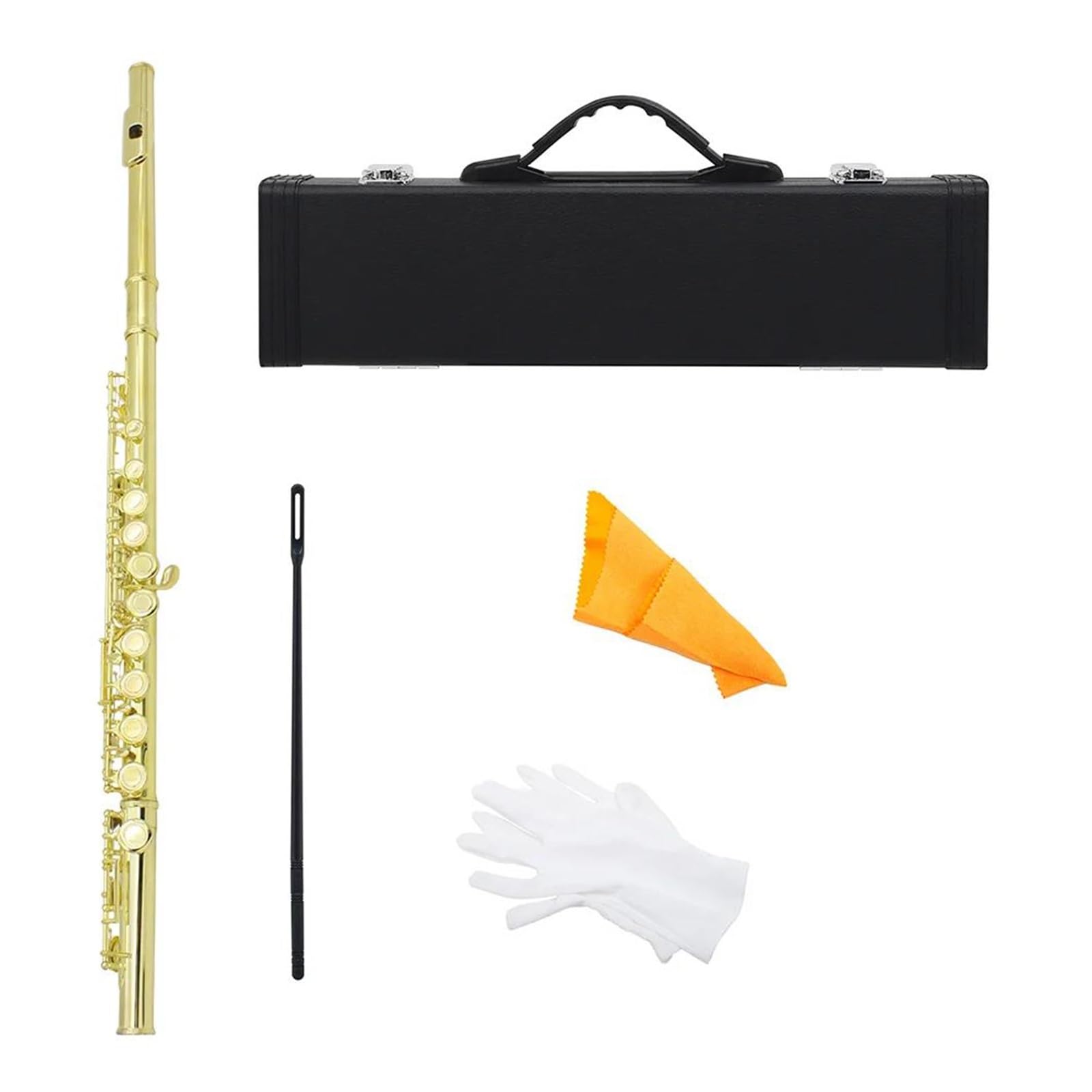 flet prosty 16-otworowy instrument fletowy C z etui plecak pielęgnacja śruba drążkowa narzędzia rękawice do wycierania akcesoria do fletów części do instrumentów dętych drewnianych (Color : Gold)