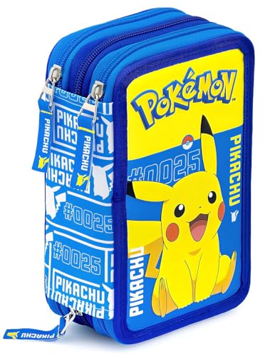 Clondo Trousse Scolaire Complète 45 Pièces pour Fan de Pokemon – Kit Créatif Triple Compartiment avec Stylos Gel Effaçables, Crayons 4.0 mm, Feutres –...
