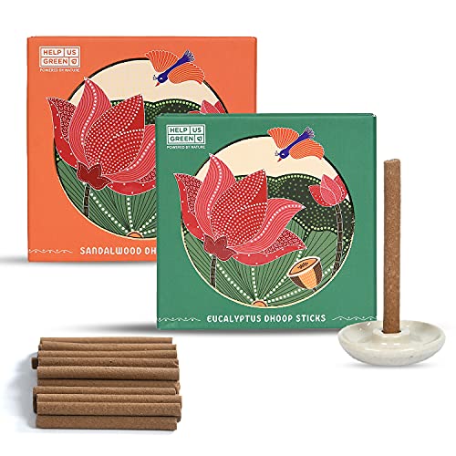 HELP US GREEN Fragrance Sandalwood and Eucalypytus Flavour Dhoop Sticks for Pooja (50 pcs),Dhup Batti with Holder, Agarbatti, Incense Stick, Sandal, Cones, Sambrani Combo & Pack of 2 (25 Sticks/Pack)