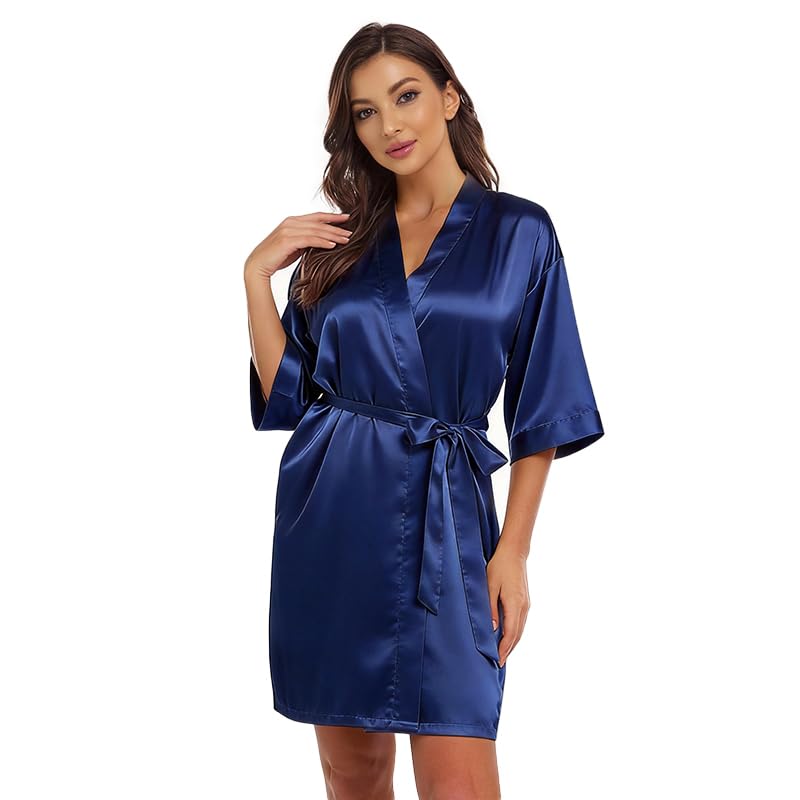 Image of Women's Bride Bridesmaid Robes Short Satin One Size Silver Rhinestones Wedding Party Getting Ready Sleepwear