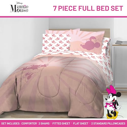 Image of Disney Minnie Mouse Full Comforter Set 7 Piece Bedding for Girls, Pink | Bed in a Bag, Comforter Sheets Shams Pillowcases, Official Product, Soft Microfiber, Machine Washable, Girls Gift