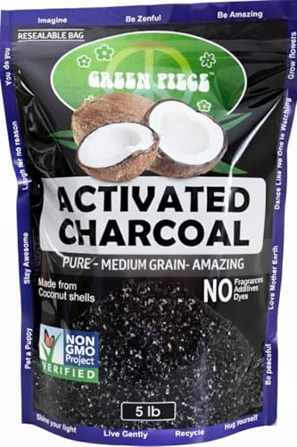 Green Piece Activated Charcoal Medium Grain Resealable 5 lb Bag - SUPER CLEAN - Rid Odor Made from Coconut Shells Kid/Pet Friendly Great for Aquariums Water Filters & More