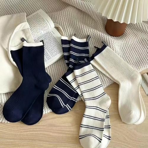 3 pairs - autumn and winter striped patchwork navy blue milk white college mid-tube stacking socks4