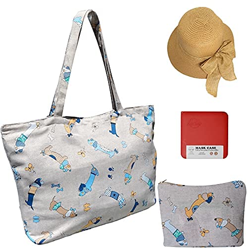 Cussi Bolsa de Playa y Compra Grande XXL. Tote Bag de Tela Estampada + 1 Pouch a juego y 1 Sombrero de Playa
