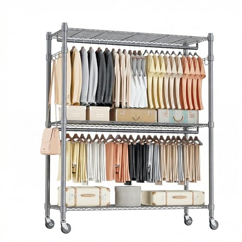 Image of Homdox Rolling Clothes Rack Heavy Duty, 3-Tier Adjustable Wire Shelving Garment Organizer with Double Rods & Hooks, Portable Clothes Rack with Wheels, 17.72 inch D x 47.24 inch W x 80.71 inch H, Grey