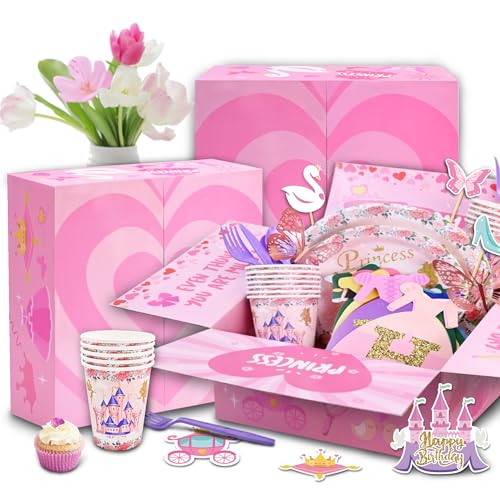 Image of 164 PCS Princess Birthday Party Decorations For Girl, 12 Tableware Sets, Castle Balloons, Balloon Arch, Disposable Paper Plates, Backdrop, Balloon Pump, Princess Party Decorations