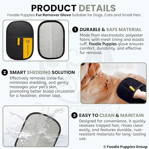 Image of Foodie Puppies Pet Hair Removal Glove for Dogs & Cats (Fur Remover Mitt) | Washable & Reusable Electrostatic Hair Catcher for Clothes, Car, Carpet, Bed & Furniture | Removes Loose Hair (23.5 x 17.5cm)