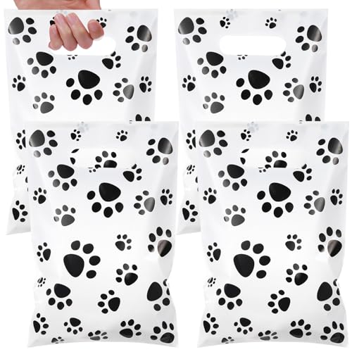 Pasimy 100 Pcs Dog Paw Gift Bags Bulk Pet Paw Puppy Plastic Treat Favor Candy Goodie Bags with Handle for Dog Birthday Party Decoration Supplies (White Black 100)