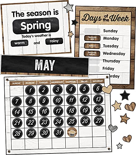 Schoolgirl Style Industrial Chic Bulletin Board Setâ€”Farmhouse Monthly Calendar, Rustic Heart, Star, Cupcake Birthday and Special Occasion Accents, Seasons and Days of the Week Charts, (95 pc)