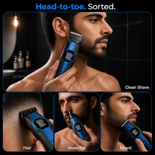 Image of VGR V-173 Professional Multi Grooming Kit for Men, 6-in-1 Trimmer with Shaver, Nose, Ear & Body Groomer, IPX7 Waterproof, Zoom Wheel Comb, LED Display, 210 Min Runtime, 2-Year Warranty- Blue