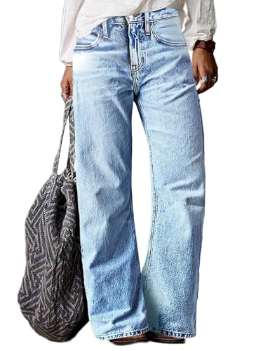 Flamingals Women’s Mid Waist Wash Stretchy Straight Leg Jeans Stylish Hem Design Casual Long Denim Pants