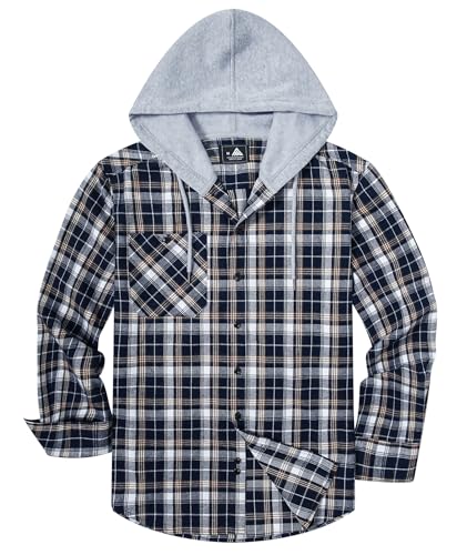 Image of Hooded Flannel Shirts for Men Plaid Long Sleeve Flannel Jacket Hoodies | Button-Down, Lightweight Coat, Classic Plaid Shirts with Hood, Flannel Hoodies with Pocket