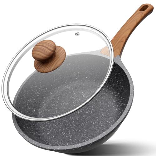 YASHE 26cm Deep Granite Frying Pan with Lid, Non-Stick Deep Skillet, High Sided Frying pan, Spacious Design for Stir-Frying, Sautéing & Slow Cooking