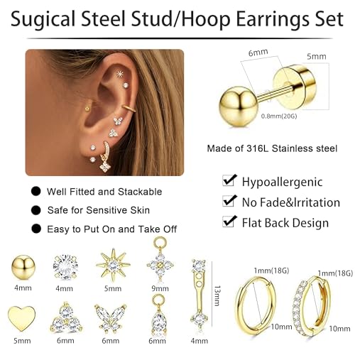 Gold Flat Back Stud Earrings for Women Trendy Stacks Hypoallergenic Surgical Steel Stud Hoop Earrings Set For Multiple Piercing Stainless Steel Cartilage Screw Back Earrings Jewelry Gifts4