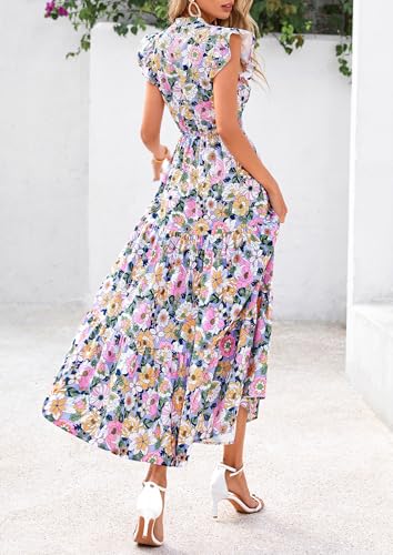 Image of PRETTYGARDEN Women's 2026 Summer Floral Midi Dress Cap Sleeve V Neck Ruffle Long Flowy Boho Casual Beach Vacation Dresses