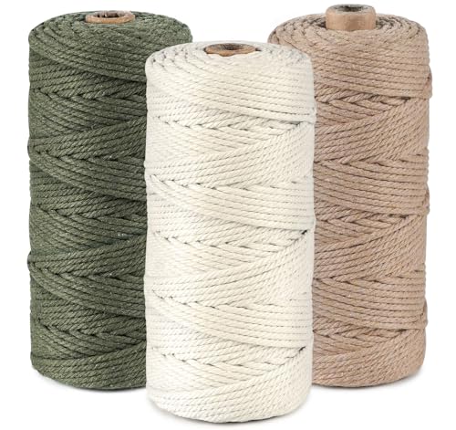 Cuerda de Algodón,ilauke 3mmx300m Hilos de Macramé,Hilo de Algodón Suave Macramé de 3mm,Cordón de Algodón para Decoración Bohemia,Atrapasueños,Colgante de Flores Bricolaje(Beige,Verde Militar,Marrón)