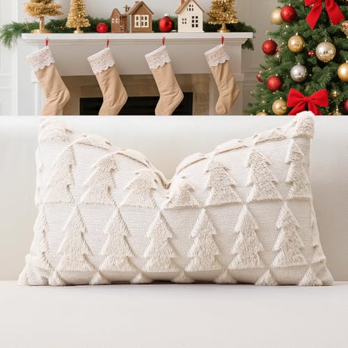 OTOSTAR Set of 1 Xmas Soft Plush Short Wool Velvet Decorative Throw Pillow Covers Rectangular Luxury Style Cushion Case Pillow Shell for Sofa Bedroom Christmas Tree Cream Beige 12x20 Inch