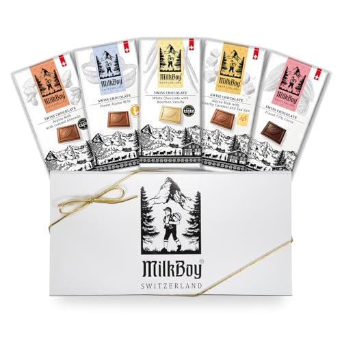 Milkboy Swiss Chocolates Gourmet Chocolate Bars - Handmade Milk and White Chocolates Bar - Premium Quality, Kosher, GMO-Free - 5 Pack Mixed Variety Gift Box