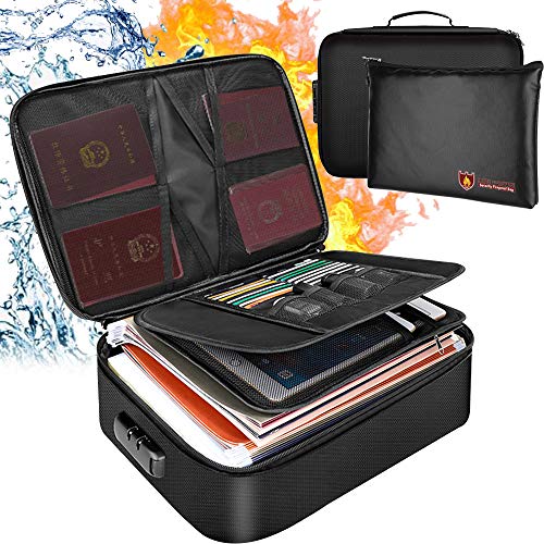 (2 Packs) Fireproof Document Bag Set ,File Organizer Bag&Zipper Money Bag,Home Office Travel Safe Bag with Lock, A4 Letter Size Portable Bag for Money File Passport Certificates (Black)