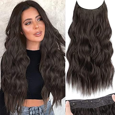 PORSMEER Invisible Wire Hair Extensions Hair Pieces for Women Natural Wavy Hair Extension Synthetic Hairpieces 20 Inch with Adjustable 4 Clips Secret Hair Extension (Dark Brown) Cover