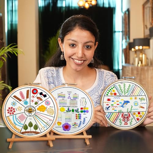 Embroiderymaterial Pack of 3 DIY Cross Stitch Embroidery Kit for Beginners – “Learn to Stitch Kit” | Printed Fabric, Threads, Hoop, Needles & Step-by-Step Guide | Ideal for Practice, Learning & Hobby