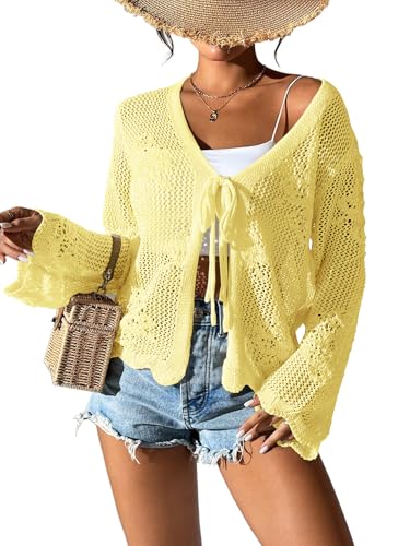 Image of Womens Tie Front Lightweight Crochet Cardigan Shrugs Knit Cardigan Crop Tops Cover Up