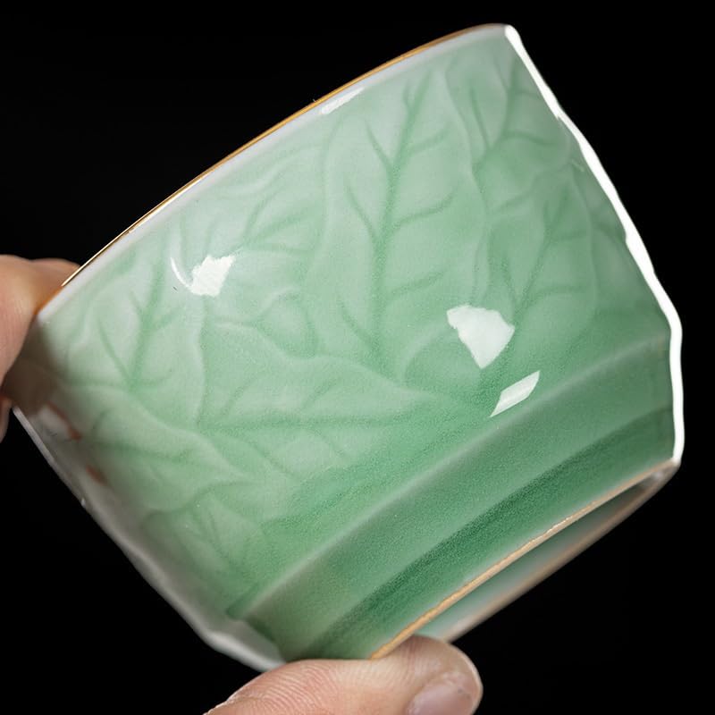 Taza de té de cerámica hecha a mano con tazón dorado individual tipo celadón 5