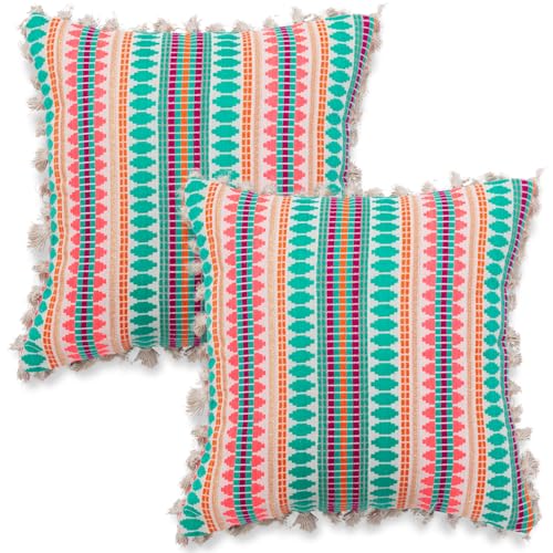 Image of HOKIPO 'Artisan Boho Series' Sofa Cushion Covers | 450 GSM Cotton Acrylic Jacquard | Tassel Design | 22x22 Inch (55x55 cm) | Pack of 2, Mint Green (IN-906-A7*2)