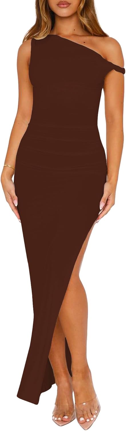 QZOOK Women's One Shoulder Dresses Fall Cocktail Twist Strap Side Slit Bodycon Elegant Wedding Guest Prom Party Maxi Dress