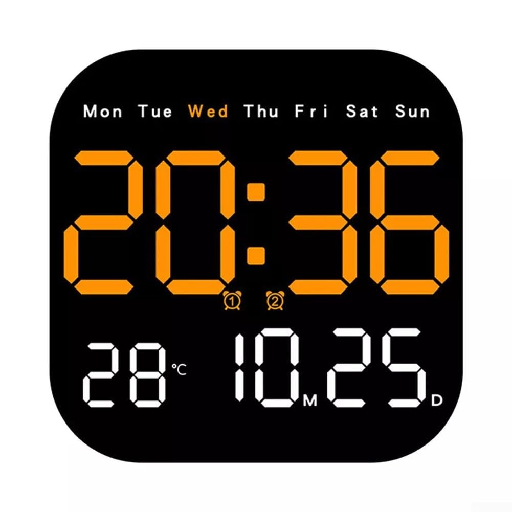 Reloj de pared digital grande LED, control remoto, temperatura, fecha, semana (naranja, 18,5 cm x 2,8 cm x 18,5 cm)
