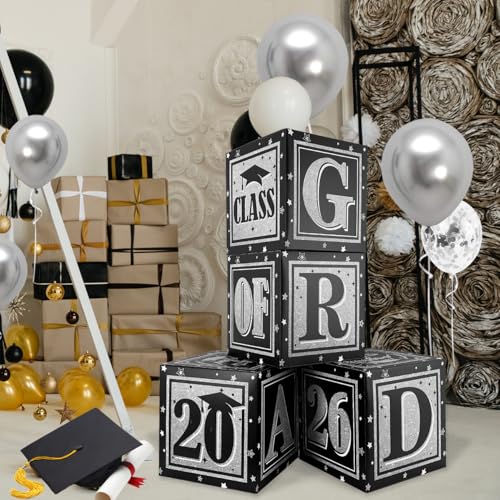 Image of Black and Silver Graduation Decorations Class of 2026 Balloon Boxes with inchGRAD inch and inchCLASS OF 2026 inch Letters Graduation Boxes for High School and College Announcements