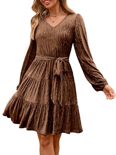 Simplee Womens Velvet Long Sleeve V Neck Fall Dress Tiered Flowy Mini Cocktail Dress Winter Casual Short Dresses 2025