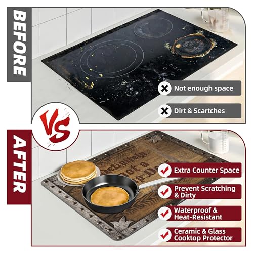Image of Decorative Wooden Stove Top Cover for Electric Stove 28 inch x 20 inch Funny Trap Door Glass Flat Top Stove Mat Oven Induction Cooktop Mat for Ceramic Countertop Mats Heat-Resistant Dish Drying Mat