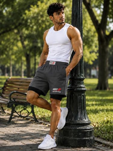 Image of Men's 2-in-1 Dual Layer Workout Shorts with Compression Liner, Phone Pocket, Quick-Dry Athletic Running Shorts for Gym, Training, Sports & Fitness