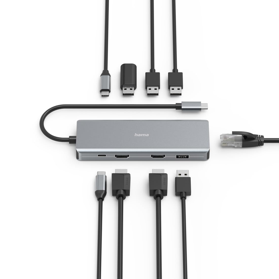 Hama | Hub USB-C 9 Puertos HDMI Dual LAN Ethernet USB 5 Gbit/s | Incluye 4 USB-A, 2 USB-C, 2 HDMI y Ethernet, ideal para estaciones de trabajo y productividad, Aluminio