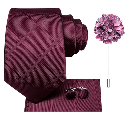 Image of Hi-Tie Classic Solid Maroon Neckties for Men Formal Burgundy Tie and Lapel Pin Pocket Square Cufflinks Sets Formal Business Wedding