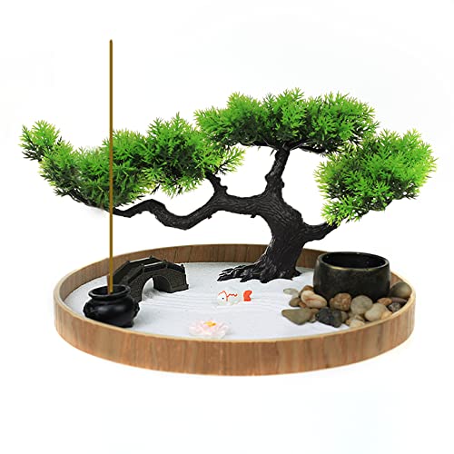 Timani Japanese Zen Garden for Desk - Zen Garden Sand Kit, Artificial Bonsai Tree, Rakes & Accessories - Japanese Decor Office Home Desktop Relaxation Sandbox Decor. 9.5' Inches Wooden Round Tray