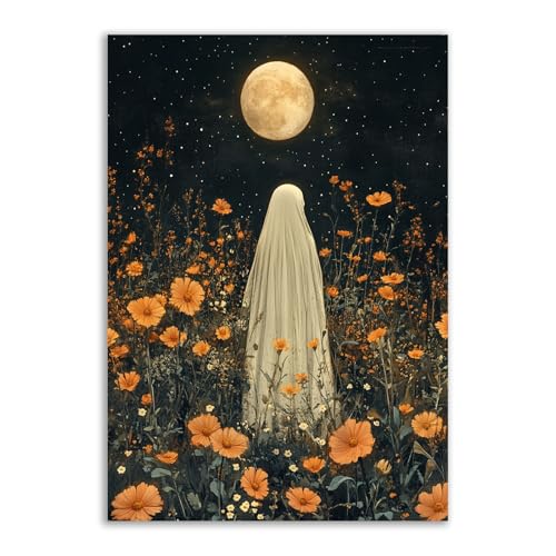 TERUEA Toile pour fête d'Halloween - Un adorable squelette parmi les fleurs sauvages, Feuilles Lugubre Gothique Horreur Thème Fête (Jaune)-30x45cm1 Sans...