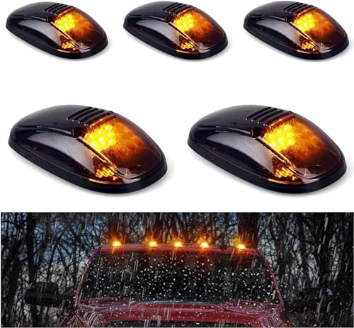 MARLBSTON 5 X Cab Marker Light, Smoke Lens Amber LED Housing Cab Roof Running Lights, Top Clearance Light Harness w/Wiring Pack Compatible with 1999-2002 Dodge Ram 2500 3500 Pickup Trucks