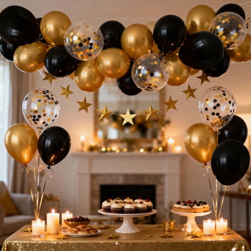 Image of 50 pcs Black and Metallic Gold Balloons 12 Inch Black and Gold Confetti Balloon Party Decorations for Birthday,Graduation,New Years,Wedding,Engagement Anniversary Party Decorations
