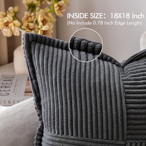 Image of MIULEE Decorative Throw Pillow Covers for Couch Bed Livingroom 18x18 Inch Set of 2 Dark Grey Boho Accent Throw Pllows Broadside Striped Patchwork Soft Corduroy Pillowcases